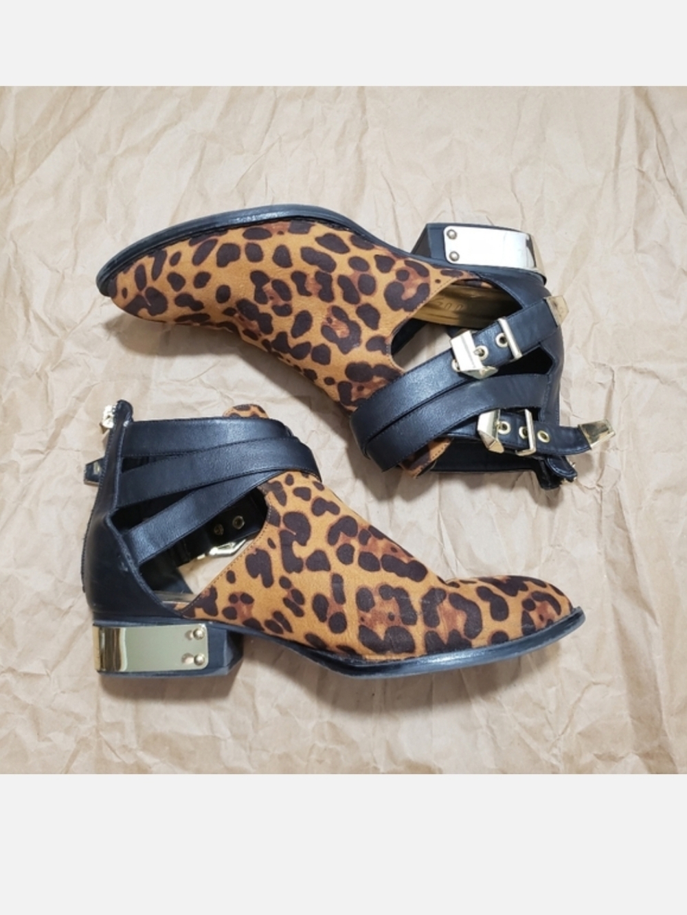 Leopard Print Ankle Boots with Black Strap and Gold Heel